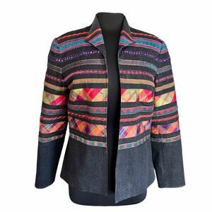 Coldwater Creek Open Front Cotton Blazer Geometric Stripes Beads Sequins Sz 12